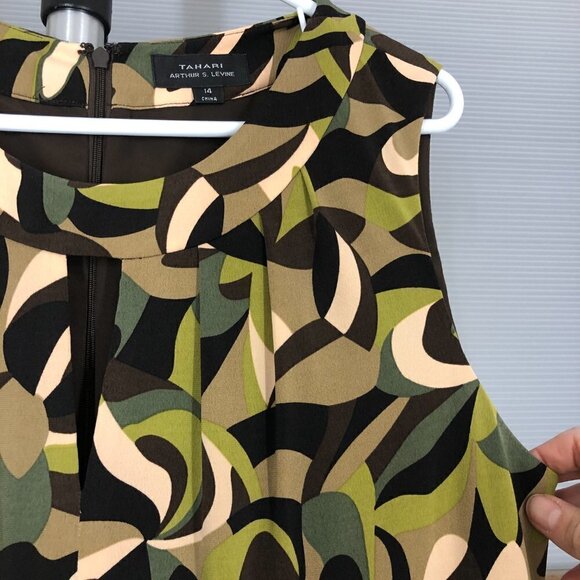 Tahari ASL Abstract Print Green Brown Cream Sleeveless Midi Dress Sz14 - Picture 4 of 16